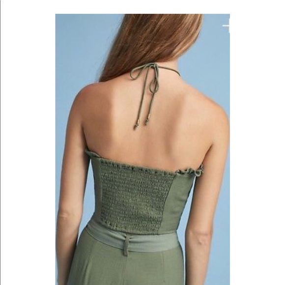 New Anthropologie Green Halter Crop Ruffle Top - Picture 2 of 8